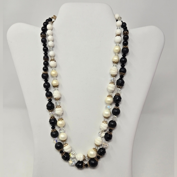 VINTAGE ART ARTHUR PEPPER BLACK & WHITE BEAD DOUBLE STRAND NECKLACE JEWELRY - Picture 1 of 14